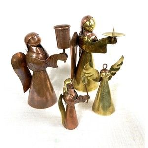 Vintage Christmas Brass & Copper Angel Candle Holders & Bell Classic Holiday